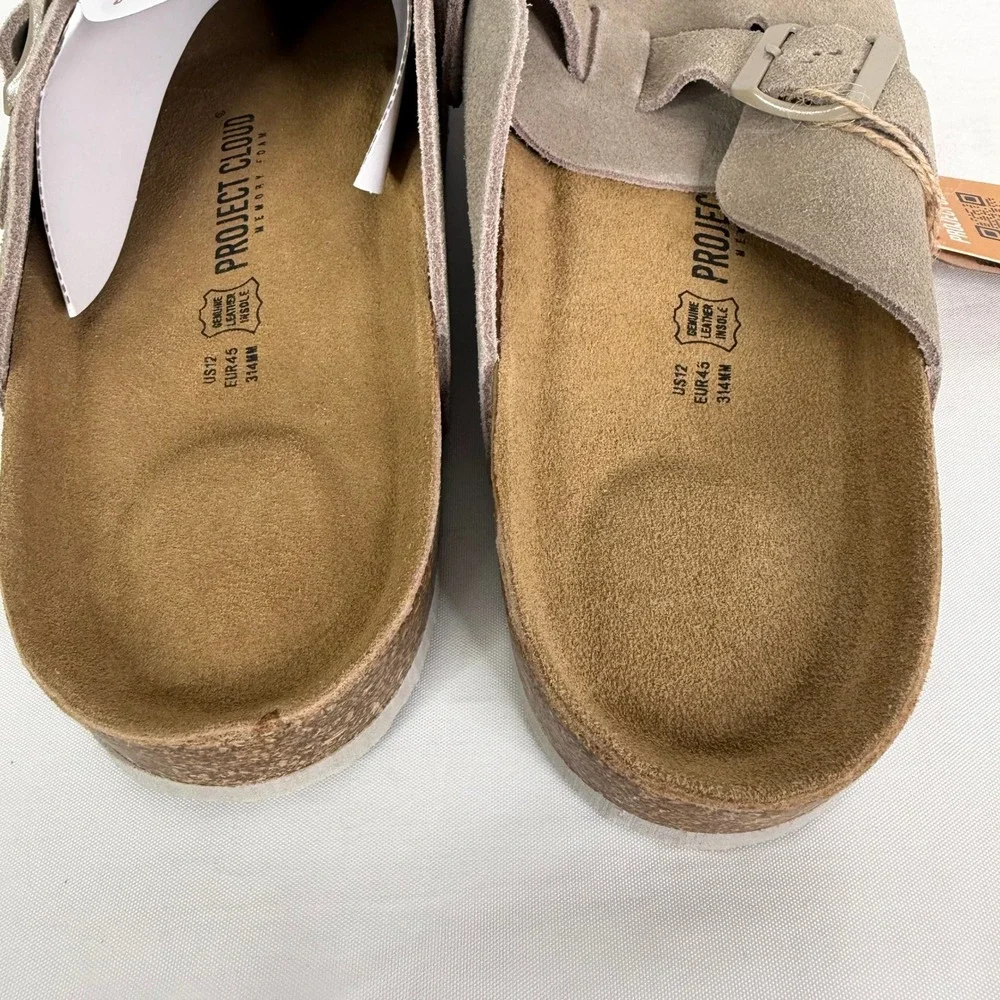 Project Cloud Brooklyn Mens Suede Clogs Taupe Memory Foam Buckle Mules 12 NEW